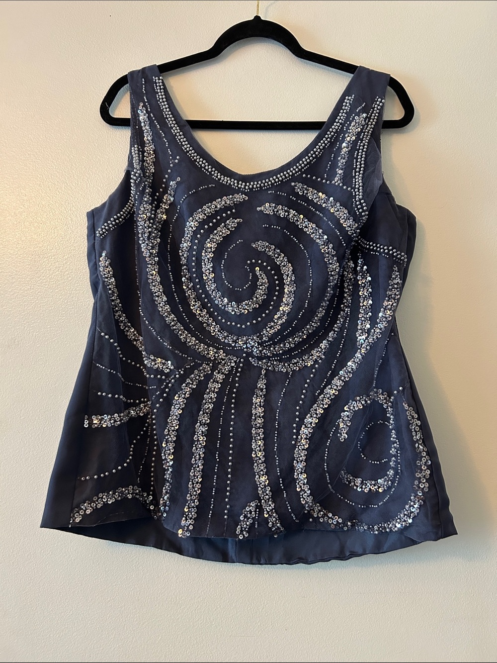Embellished Navy Sequin Scoop Neck Tank Top